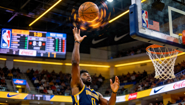 NBA篮球比赛场馆内球员投篮瞬间